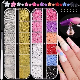 2 Boxes Metal Nail Beads (Silver+Gold) and Colorful 3D Flowers for Nail Art, Flatback Pearls (White) Blossom Pearl Nail Charms and Round Caviar Beads for Acrylic Nail Tips Manicure Decor