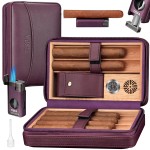 TISFA Travel Humidor Cedar Wood Lining Cigar Humidor Box for 6 Cigars, Handmade Leather Cigar Case with Multifunctional Windproof Cigar Torch Lighter, Outdoor Storage Case Cigar Box (Purple)