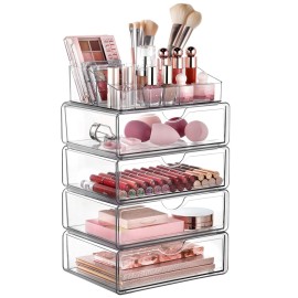 Vtopmart 5 Tier Clear Makeup Organizer with Drawer, Cosmetic Storage for Dresser Countertop and Bathroom Vanity, Beauty Holder for Lipstick Brush Skincare