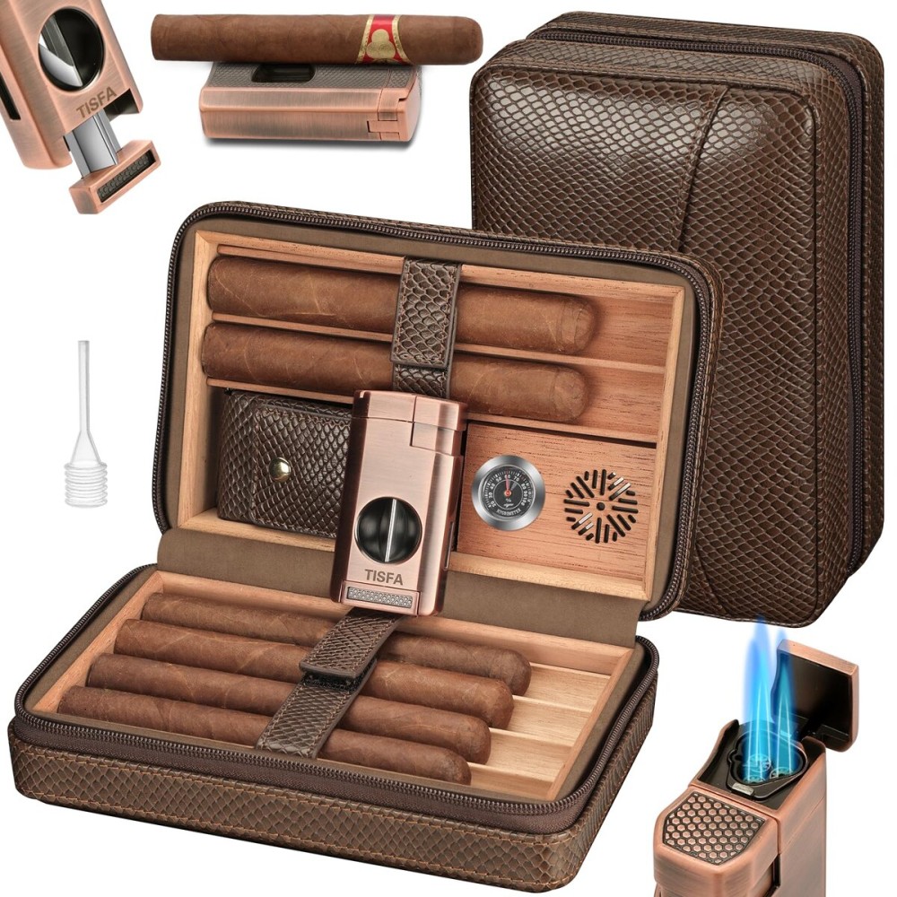 TISFA Cigar Travel Humidor for Cigars Portable Cigar Humidor with All in one Cigar Torch Lighter, Cigar Humidifier, Hygrometer, Cigar Accessories Gift Set, Cedar Wood Lined Cigar Case (Textured Brown)