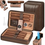 TISFA Cigar Travel Humidor for Cigars Portable Cigar Humidor with All in one Cigar Torch Lighter, Cigar Humidifier, Hygrometer, Cigar Accessories Gift Set, Cedar Wood Lined Cigar Case (Textured Brown)