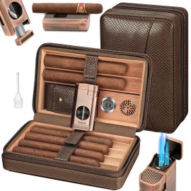 TISFA Cigar Travel Humidor for Cigars Portable Cigar Humidor with All in one Cigar Torch Lighter, Cigar Humidifier, Hygrometer, Cigar Accessories Gift Set, Cedar Wood Lined Cigar Case (Textured Brown)