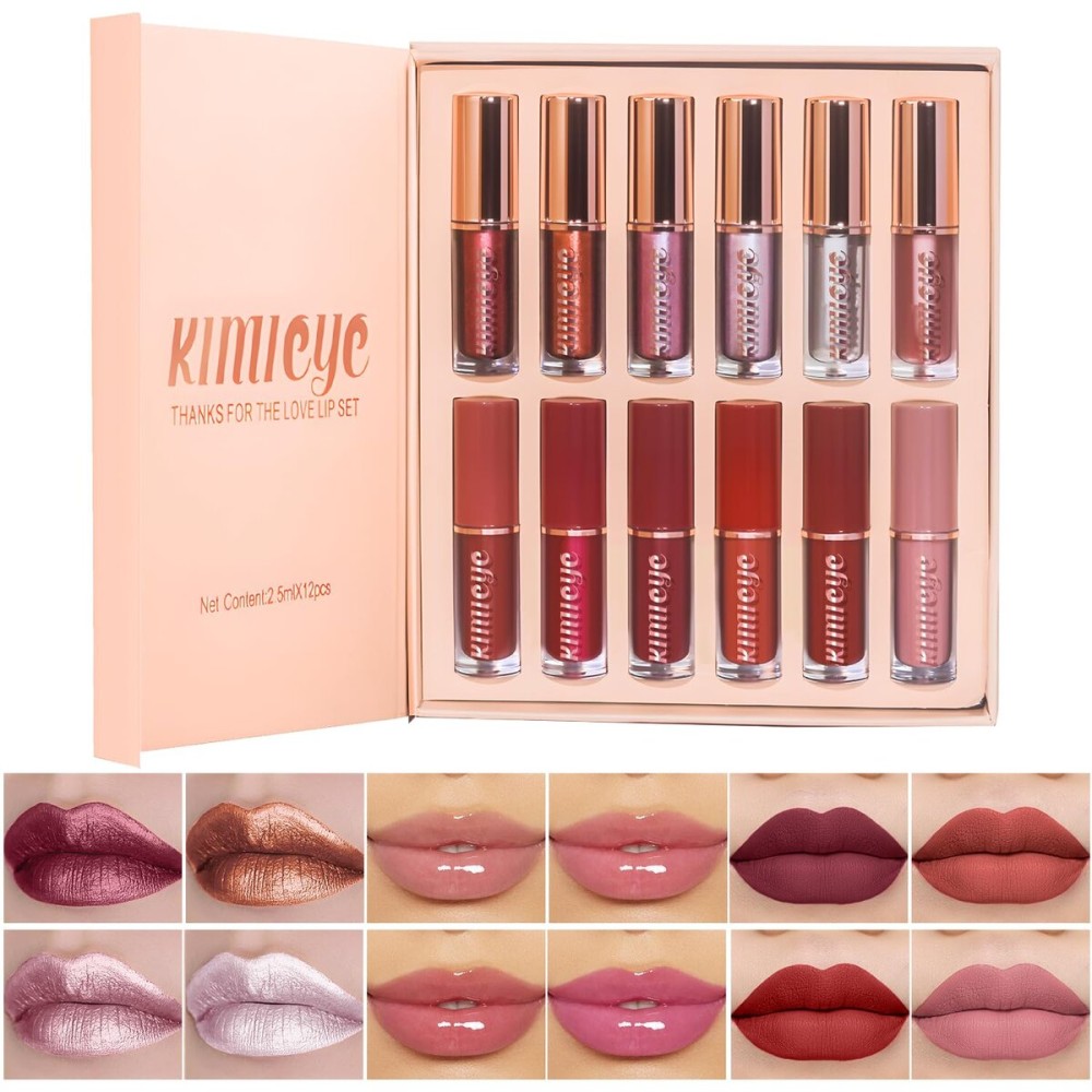 KIMIEYE 12Pcs Liquid Lipstick Makeup Set, Shades with 4Pcs Metallic Color Lipstick, 4Pcs Hydrating Lip Oil and 4Pcs Longwear Waterproof Matte Lipstick Gift Kit for Women (SET C)