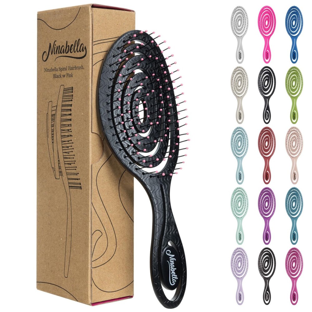 Ninabella Spiral Hairbrush - Detangle Hair Brush - For Brushing Wet or Blow Dry Hair - Detangler Vent Brush - Black with Pink