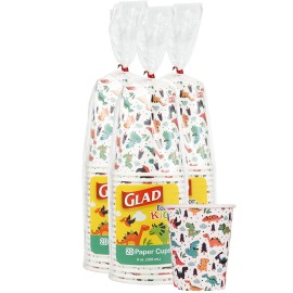 Glad for Kids Dinosaur Disposable Paper Cups - Heavy Duty, Soak Proof, White Paper Cups with Dinosaur Design for Drinking and Everyday Use, 9 Ounce, 20 Count - 3 Pack