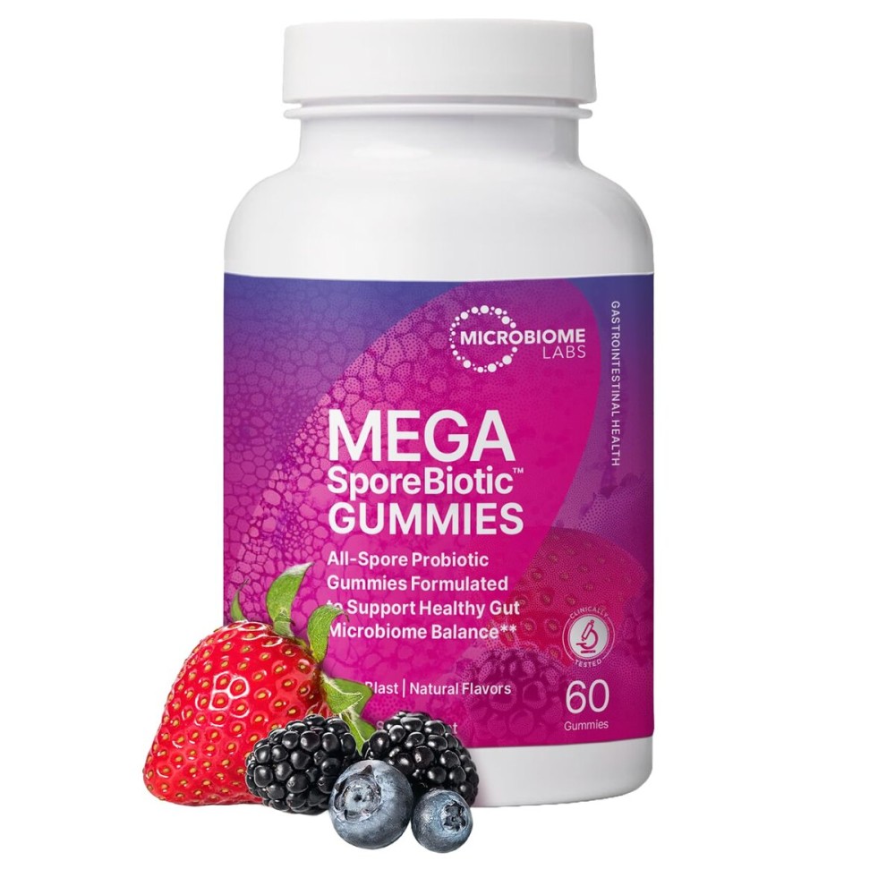 Microbiome Labs Spore Based Probiotic Gummies for Women, Men & Children - MegaSporeBiotic Gummies - 4 Bacillus Probiotics for Digestive Health & Microbiome Support - Berry Flavor (60 Gummies)