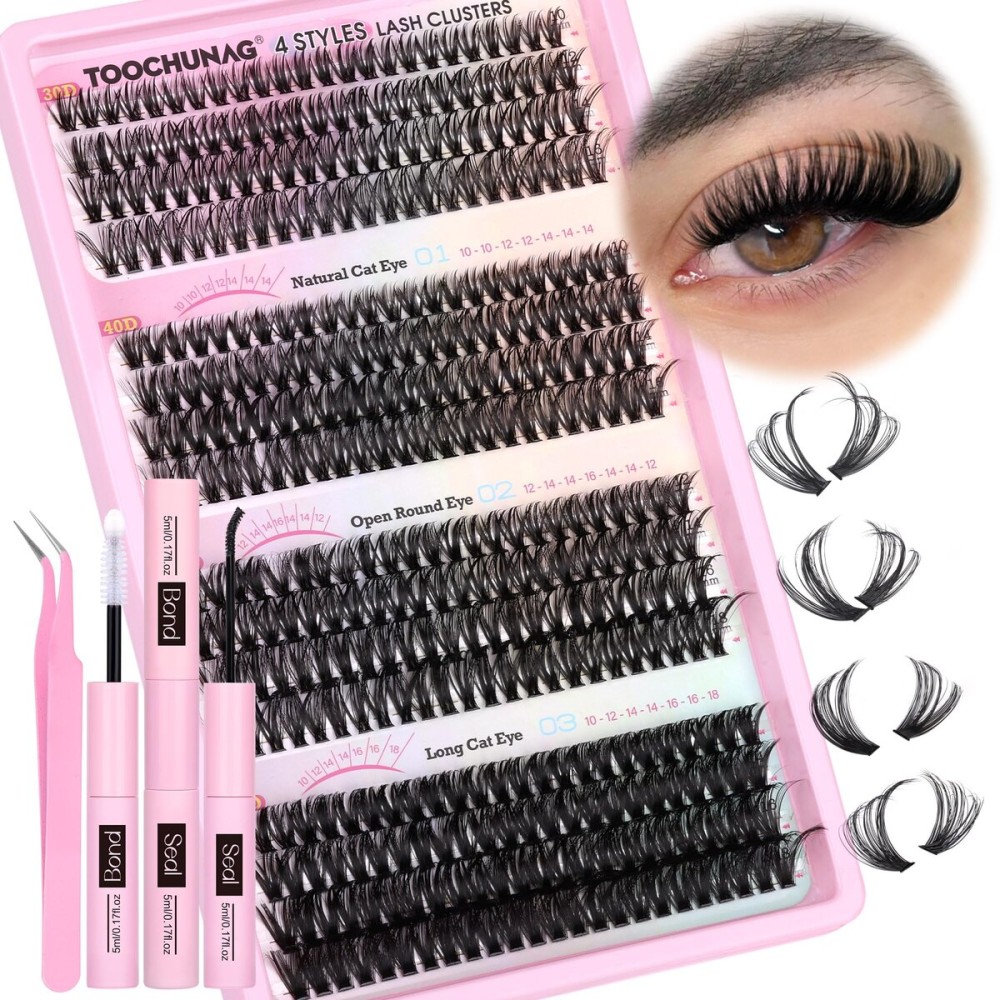 TOOCHUNAG Lash Extension Kit 384pcs Wispy Lash Clusters Kit 30D+40D+50D+60D Mixed Natural Cluster Eyelash Extension Kit 0.05D Individual Lashes with Lash Bond and Seal, Lash Tweezers