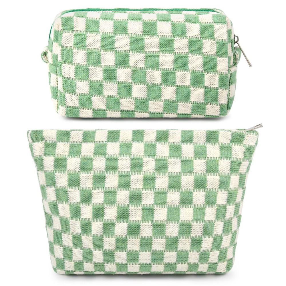 SOIDRAM 2 Pcs Checkered Makeup Bag Large Cosmetic Bag Toiletry Bag Makeup Pouch Travel Bag Organizer Cute Makeup Brushes Aesthetic Accessories Storage Bag for Women Green