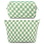 SOIDRAM 2 Pcs Checkered Makeup Bag Large Cosmetic Bag Toiletry Bag Makeup Pouch Travel Bag Organizer Cute Makeup Brushes Aesthetic Accessories Storage Bag for Women Green