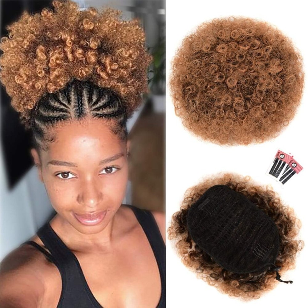 Rosmile Afro Puff Drawstring Ponytail Extension for Black Women - Premium Ombre Brown T1B/30 80g Short Synthetic Natural Hair Clip On Kinky Curly Bun