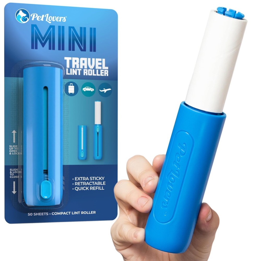 PetLovers Mini Lint Roller Travel Size 50 Sheets - Compact pet Hair Remover for Dog and cat Fur. Lightweight Design Ideal for Clothes Furniture and car. Perfect for Quick and Easy on The go Cleaning