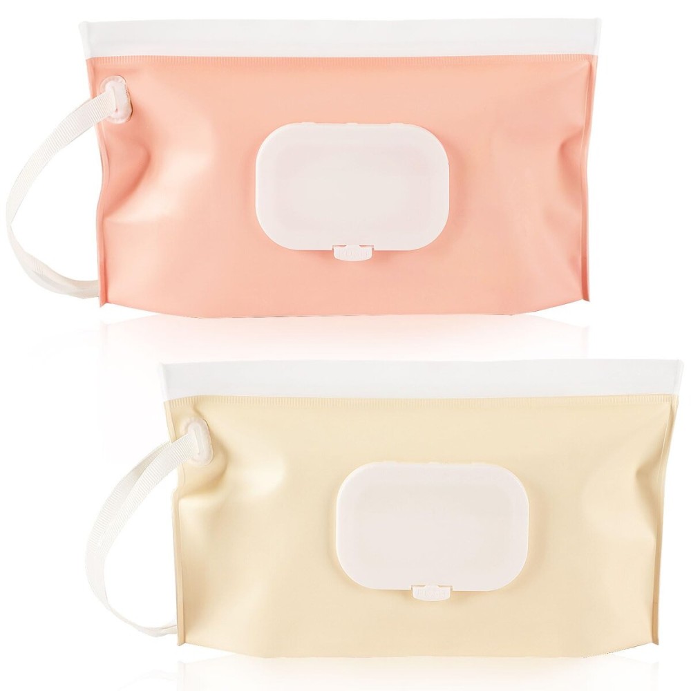 FEBSNOW 2 Pack Baby Wipes Dispenser, Portable Refillable Wipe Holder Baby Wipes Container Travel Wipes Case Reusable Wet Wipes Pouch (Cream, Pink)