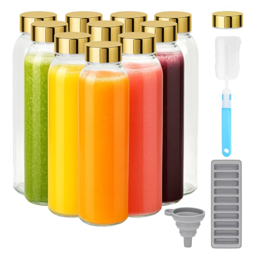 Zukro Glass Water Bottles with Gold Lids 18 oz, Reusable Clear Glass Juice Bottles Stainless Steel Airtight Cap for Juicing, 100% Leak Proof Juice Drinking Jar for Refrigerator, BPA Free, Set of 10