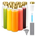 Zukro Glass Water Bottles with Gold Lids 18 oz, Reusable Clear Glass Juice Bottles Stainless Steel Airtight Cap for Juicing, 100% Leak Proof Juice Drinking Jar for Refrigerator, BPA Free, Set of 10