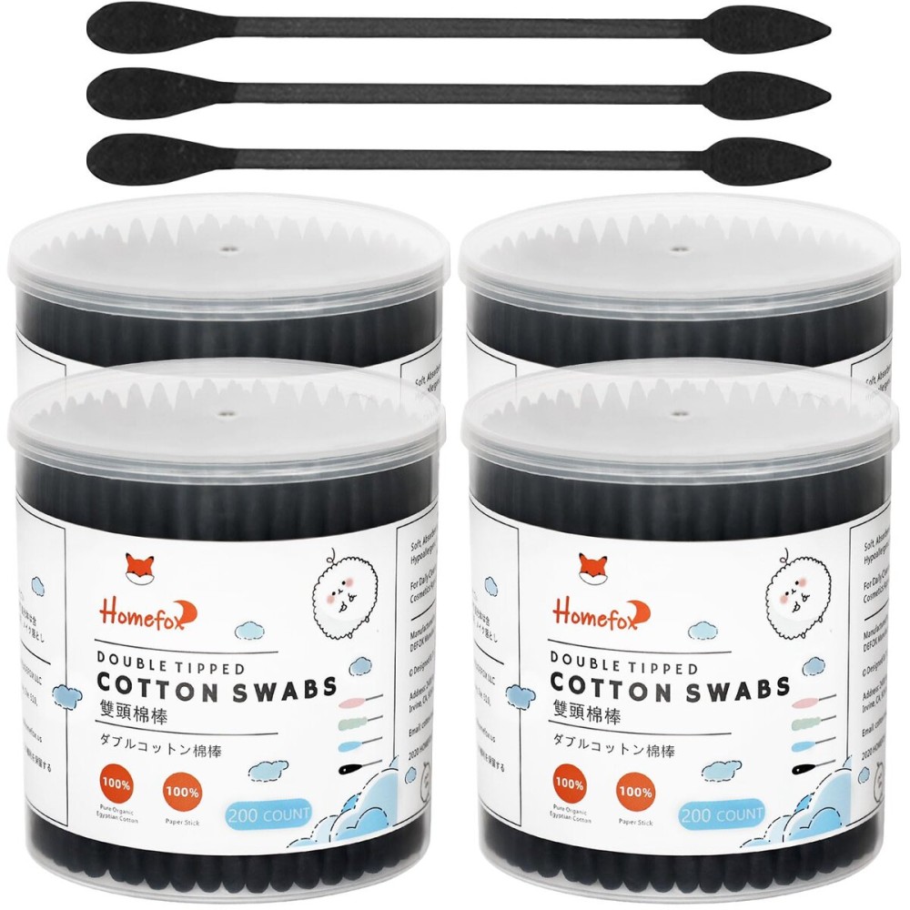 HOMEFOX Black Cotton Swabs Precision Pointed - 800 Count Organic Pointy Cotton Bud Double Side Tightly Wrapped Charcoal Cotton Tip Paper Stick Soft Gentle Lint-Free Cruelty-Free Pointy & Round (Black)
