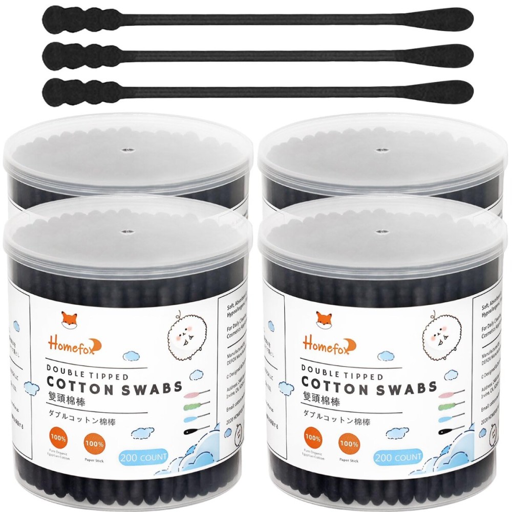 HOMEFOX Black Cotton Swabs Spiral - 800 Count Organic Cotton Buds Double Side Tightly Wrapped Charcoal Cotton Tips Paper Stick Soft Gentle Lint-Free Cruelty-Free Goth Bathroom, Round & Spiral (Black)