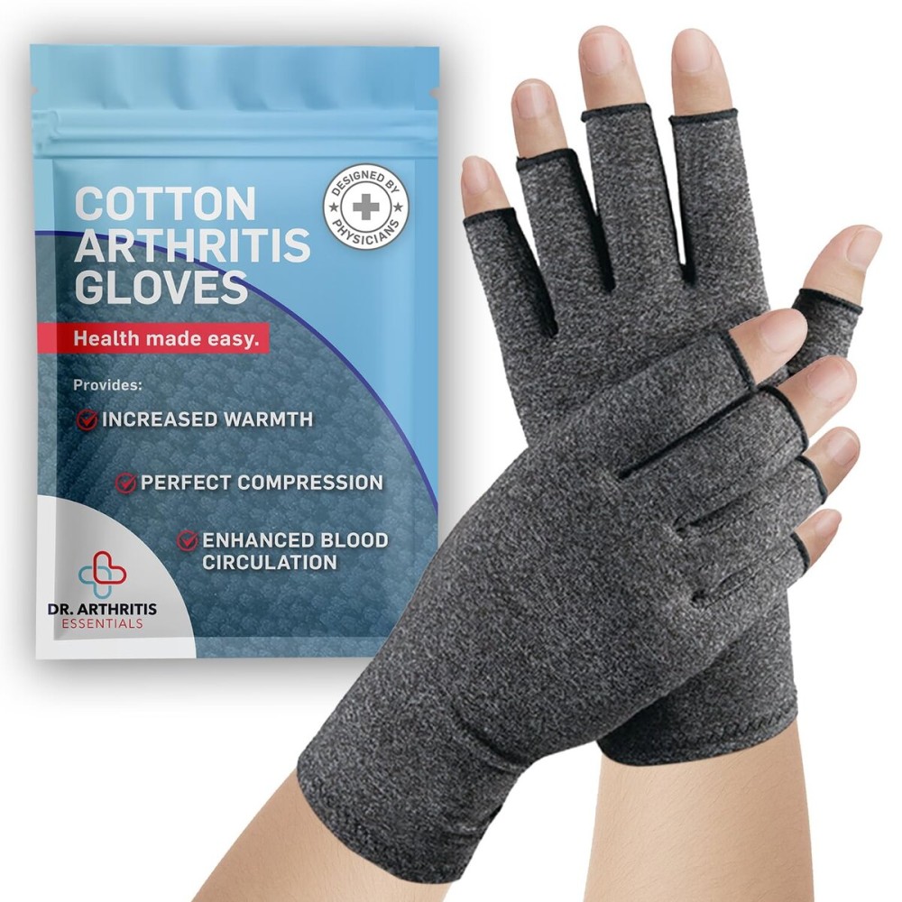 Dr. Arthritis Essentials Open-Fingertip Arthritis Gloves, Compression Gloves Ideal as Raynauds Gloves, Hand Brace for Arthritis (Grey, Small)