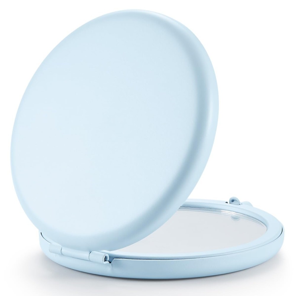 Getinbulk Compact Mirror for Purse, Set of 2 Double-Sided 1X/2X Magnifying Metal Pocket Makeup Mirrors(Round, Light Blue)