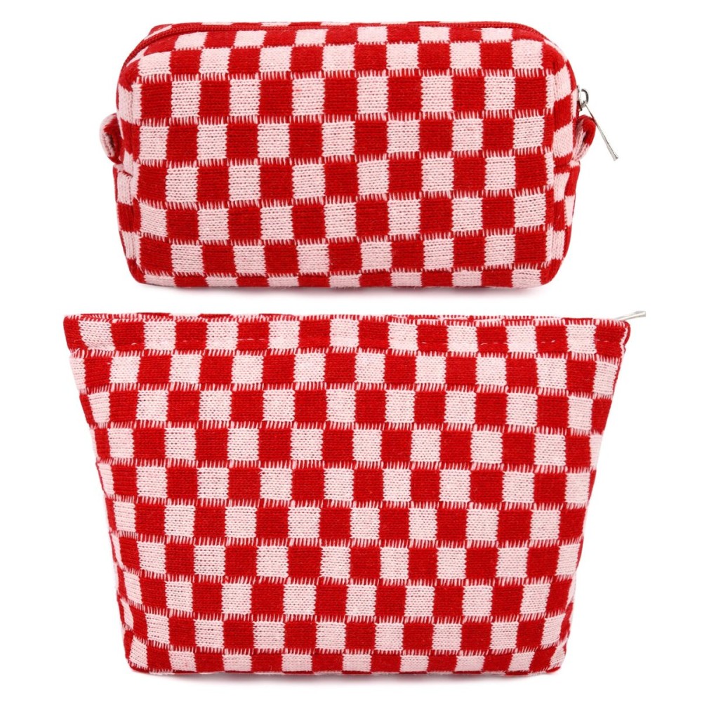 SOIDRAM 2 Pcs Checkered Makeup Bag Large Cosmetic Bag Toiletry Bag Makeup Pouch Travel Bag Organizer Cute Makeup Brushes Aesthetic Accessories Storage Bag for Women Red