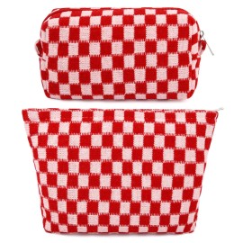 SOIDRAM 2 Pcs Checkered Makeup Bag Large Cosmetic Bag Toiletry Bag Makeup Pouch Travel Bag Organizer Cute Makeup Brushes Aesthetic Accessories Storage Bag for Women Red