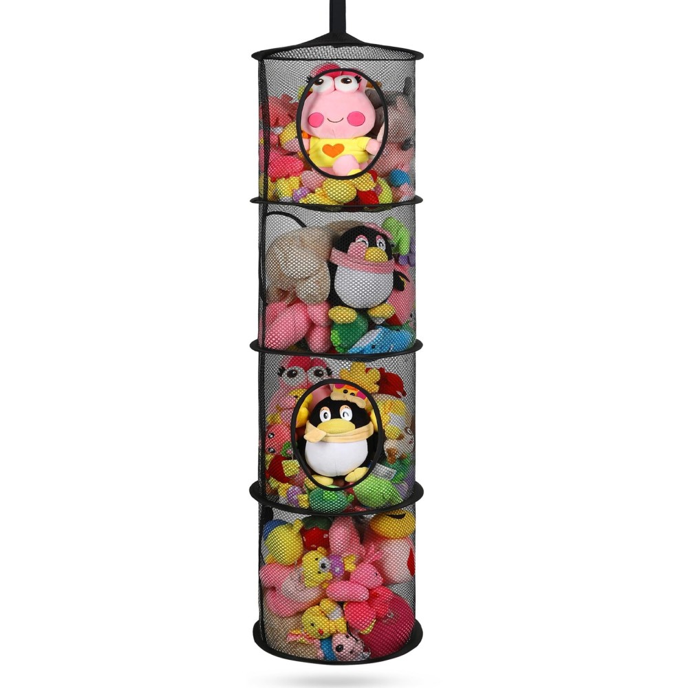 Hanging Stuffed Animal Storage, Foldable Corner Stuffed Animal Storage Organizer 4 Compartments Toy Storage Organizer for Kid Room Toys, Gloves,Hats,Socks StorageBlack
