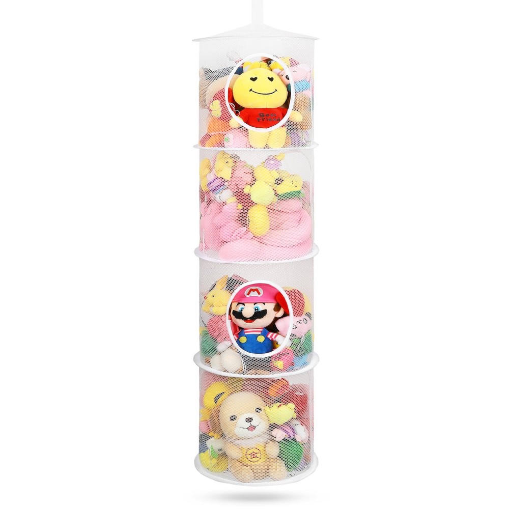 Toy Net Hammock for Stuffed Animals Net, Foldable Toy Storage Organizer 4 Compartments Net for Stuffed Animals Corner for Boys, Girls, Gloves, Hats, Sockswhite