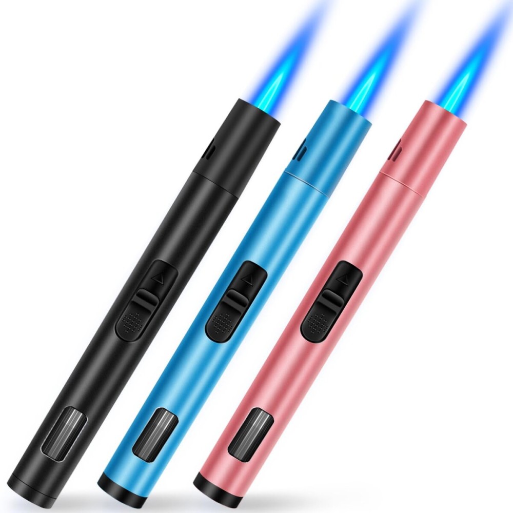 LcFun Torch Lighters 3 Pack Refillable Butane Lighter with Visible Fuel Window, Windproof Adjustable Jet Flame Long Lighters for Candle, Grill, BBQ, Camping, Fireworks (Butane NOT Included)