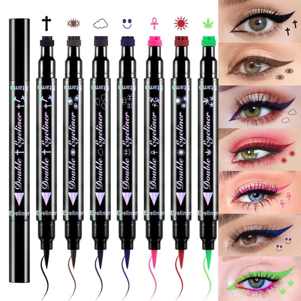 evpct 7Pcs Colored Eye Liners Face Stamp Cosplay Gothic Makeup Set Kit Accessories, Black Brown Purple Blue Red Pink Green Stamps Eyeliner, Star Flowers Heart Moon Triangle Lightning Butterfly Stamp
