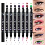 evpct 7Pcs Colored Eye Liners Face Stamp Cosplay Gothic Makeup Set Kit Accessories, Black Brown Purple Blue Red Pink Green Stamps Eyeliner, Star Flowers Heart Moon Triangle Lightning Butterfly Stamp