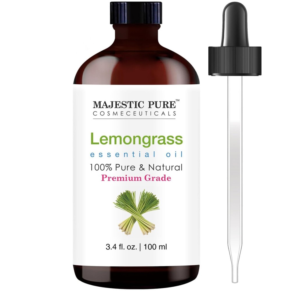 Majestic Pure Essential Oil with Glass Dropper - 100% Pure and Natural - Essential Oils for Diffuser, Aromatherapy, Soap and Candle Making, Lemongrass Essential Oil, Lemongrass Oil, 3.4 Fl Oz