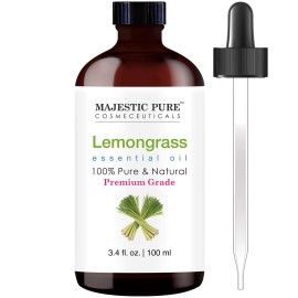 Majestic Pure Essential Oil with Glass Dropper - 100% Pure and Natural - Essential Oils for Diffuser, Aromatherapy, Soap and Candle Making, Lemongrass Essential Oil, Lemongrass Oil, 3.4 Fl Oz