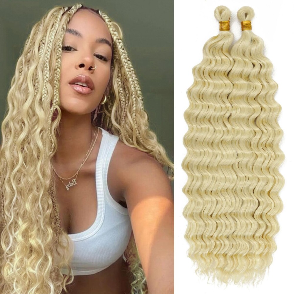Eerya Long Curly Braiding Hair 18 Inch 2 Packs Blonde Ocean Wave Crochet Hair for Black Women Deep Wave Braiding Hair for Boho Braids (18 inch, 613)
