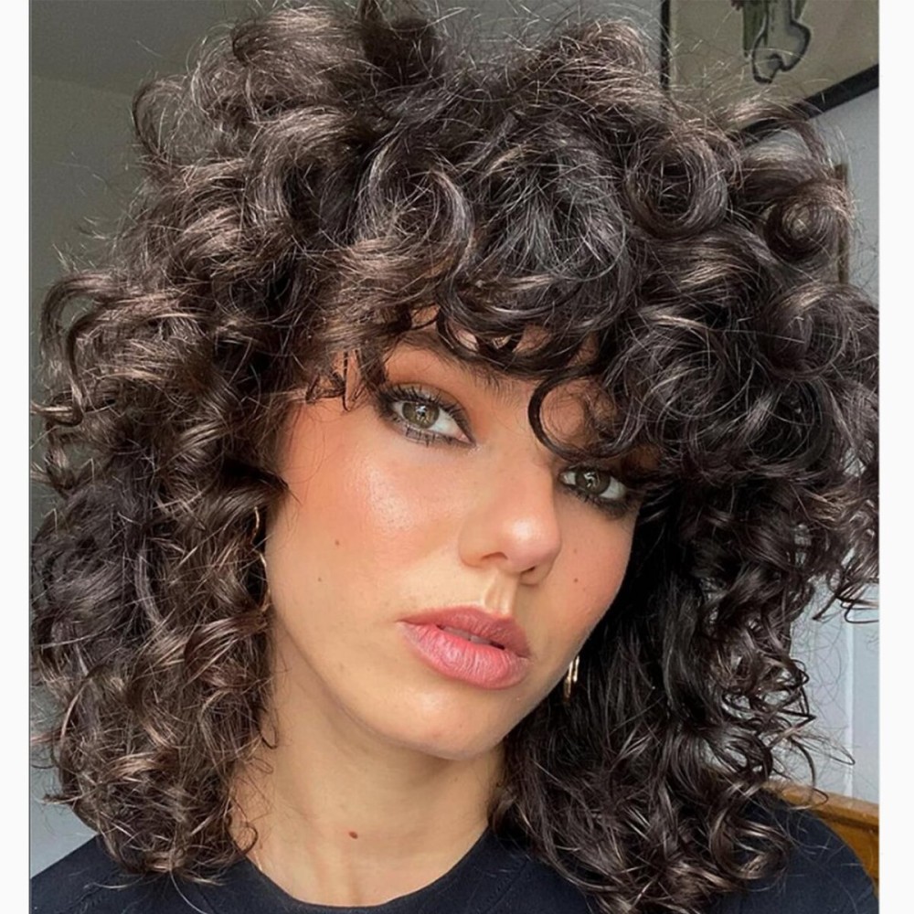 andromeda Brown Curly Wigs for Black Women Soft Afro Kinky Curly Wig with Bangs Loose Cute Curly Heat Resistant Natural Looking Synthetic Wig for Women(Brown/4)