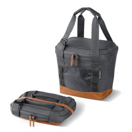 CleverMade Pacifica Collapsible Insulated Cooler Bag - 18 / 13 Qt Can Leakproof Soft Folding Cooler for Beach, Travel, Car - Bottle Opener - Cool Gray / Cognac