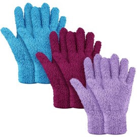 Patelai 3 Pairs Microfiber Plant Dusting Gloves Leaf Cleaning Gloves for Indoor Plants, Blinds, Furniture, House(Medium,Reddish Violet, Blue, Purple)
