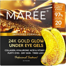 MAREE 24k Gold Glow Under Eye Gels for Dark Circles and Puffiness - Cooling Collagen & Hyaluronic Acid Skincare Gel Pads - Gold Eye Patches for Puffy Eyes and Dark Circles - Under Eye Masks