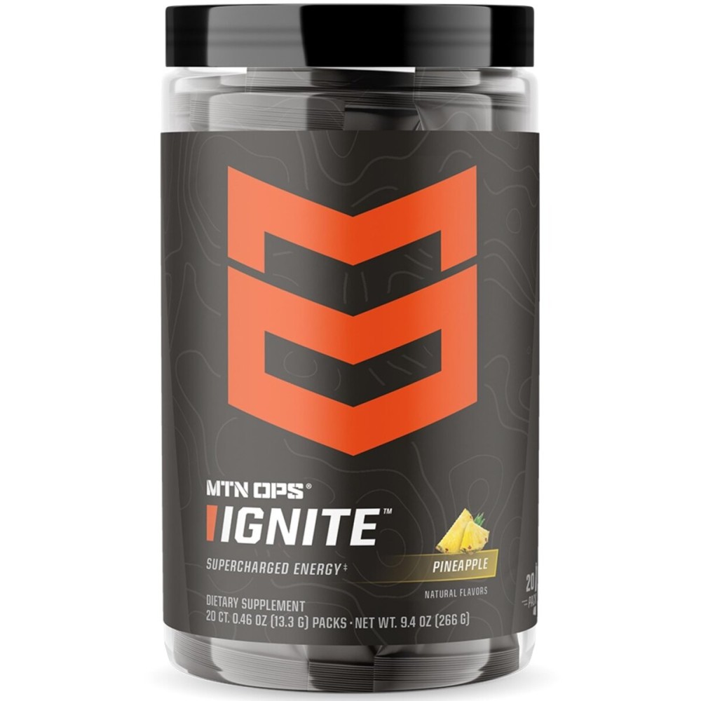MTN OPS Ignite Trail Packs Energy Drink Powder, Gluten Free Nootropic Supplement Drink Mix, L Arginine, L Citrulline, Caffeine & Nootropic Sugar Free Drink Mix, 20 Servings, Pineapple Crush