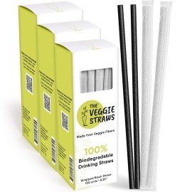 The Veggie Straws - 300 PCS of 8.25 Inches Individually Wrapped Black Biodegradable Straws - Made of Vegetable Fibers, Best Environment Friendly Drinking Straws for Hot and Cold Beverages