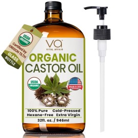 Pure Organic Castor Oil 32oz - Cold Pressed, Unrefined, USDA Organic - Glass Bottle for Hair Growth, Eyelashes, Eyebrows, Face & Castor Oil Packs