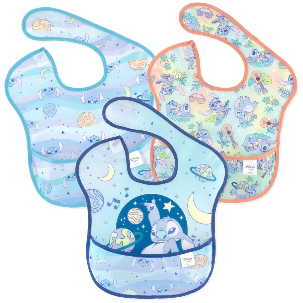 Bumkins Disney Bibs for Girl or Boy, SuperBib Baby and Toddler for 6-24 Months, Essential Must Have for Eating, Feeding, Baby Led Weaning, Mess Saving Waterproof Soft Fabric, 3-pk Stitch