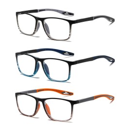 Hubeye TR90 Sports Reading Glasses for Men and Women Ultralight Flexible Anti-Blue Light ReadersStriped Black+Striped Blue+Striped Orange+1.0