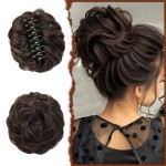 SOFEIYAN Claw Clip Messy Bun Hair Piece Wavy Curly Hair Bun Clip in Claw Chignon Ponytail Hairpieces Synthetic Tousled Updo Hair Extensions Scrunchie Hairpiece for Women, Darkest Brown/Dark Auburn Mix