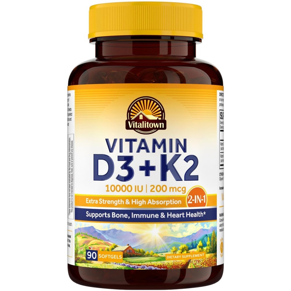 Vitalitown Vitamin D3 K2 Supplement, Vitamin D3 10000 IU Vitamin K2 (MK7) 200 mcg, 90 Softgels, Non-GMO, No Gluten & Soy, for Bone, Teeth, Immune & Heart Health