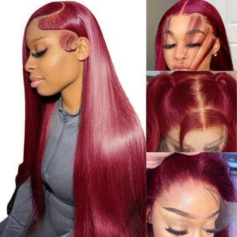 bunGiol 13x6 99j Burgundy Lace Front Wigs Human Hair Pre Plucked HD Straight Lace Front Wigs Human hair 24 Inch Glueless Red Wig Wine Red Colored Lace Front Wigs For Women 180 Density