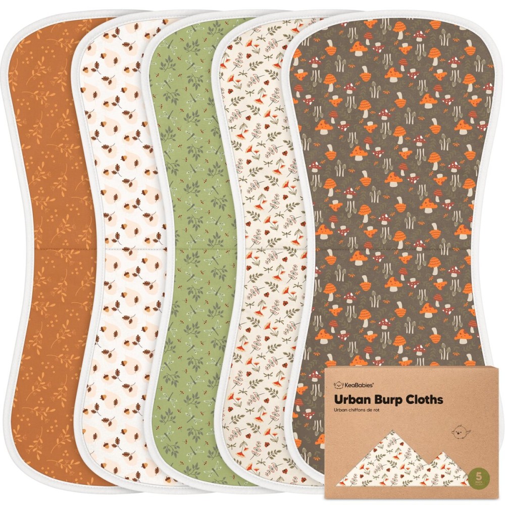 Organic Burp Cloths Baby Boy & Girl - 5-Pack Super Absorbent Cotton Burping Cloths for Babies, Soft & Plush Newborn Spit Up Rags, Infant Towels for Milk Spit Up, Unisex, Large 21 x 10 (Fall Spores)
