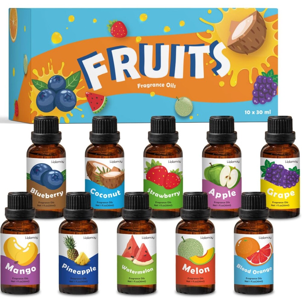 Holamay Fruit Essential Oils for Diffusers for Home, Fragrance Oil for Soap Making, Candle Scents for Candle Making 30ml x 10 - Coconut, Strawberry, Mango, Pineapple, Large Size Aromatherapy Oils Set