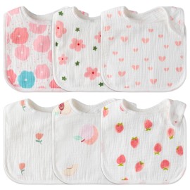 Zainpe 6Pcs Snap Muslin Cotton Baby Bibs Flowers Strawberry Patterns Infants Drooling Bib Soft Absorbent Adjustable Feeding Burp Cloths for Newborns Boy Girl Toddlers Teething Eating 0 to 36 Months