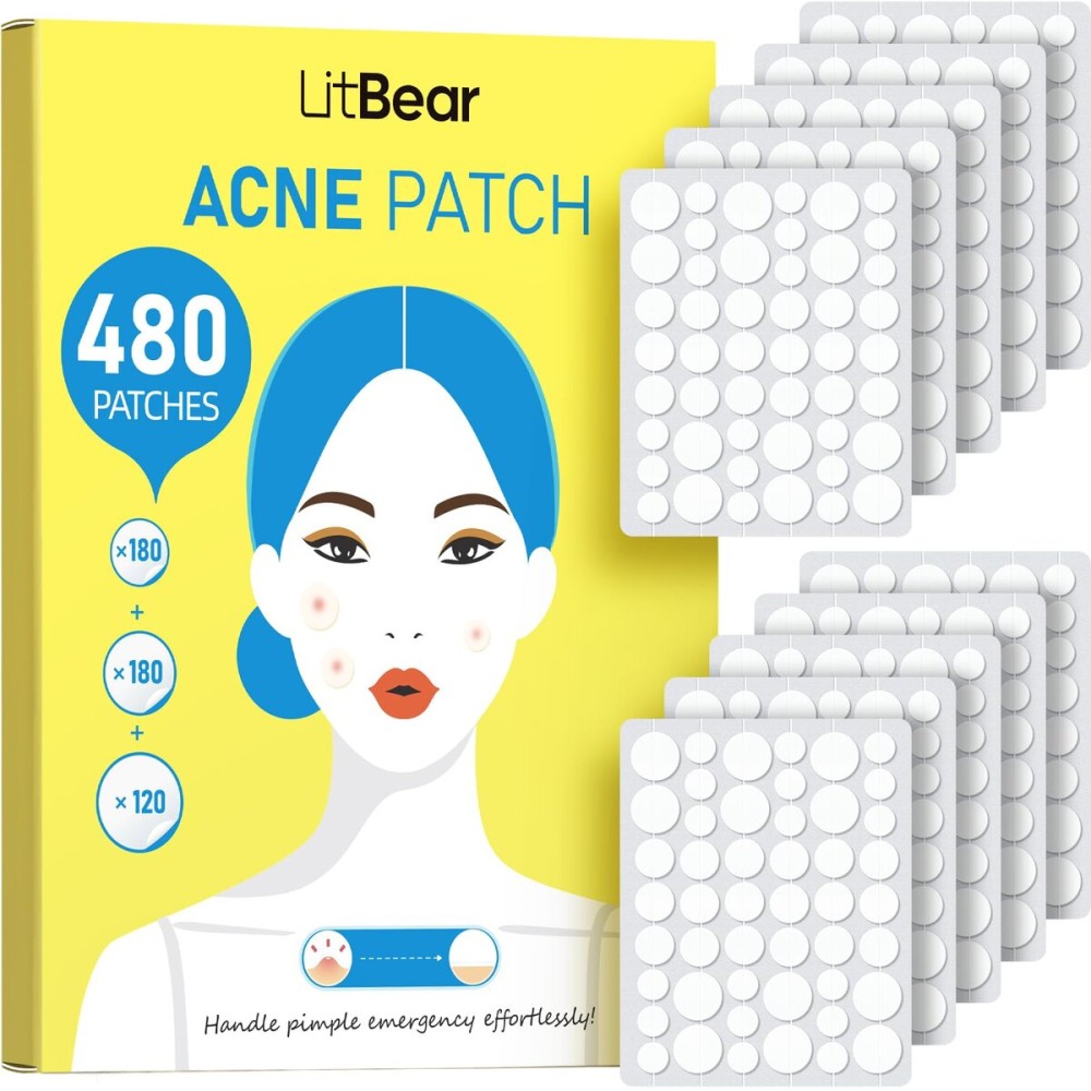 LitBear Pimple Patch Bulk, 480 Patches 3 Size Acne Patches for Face, Hydrocolloid Spot Stickers for Covering Zits, Blemishes, and Breakouts, Suitable for All Skin Types