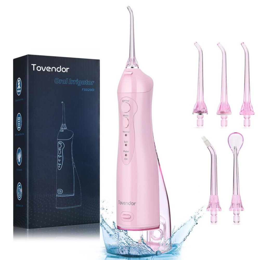 TOVENDOR Electric Water Flosser, Cordless Rechargeable Dental Oral Irrigator IPX7 Waterproof 300ML Travel Water Teeth Cleaner with 5 Tips for Braces Care Teeth Gums Cleaning, Home Office Daily Use