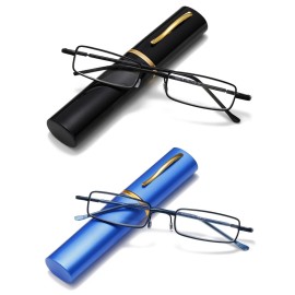 Viseng Slim Mini Metal Reading Glasses Compact Lightweight Portable Readers with Glasses Case for Reading Case,Black+Blue+2.5